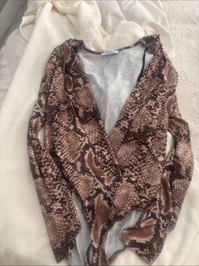 Zara Brown Snake-Print V-Neck Long Sleeve Bodysuit